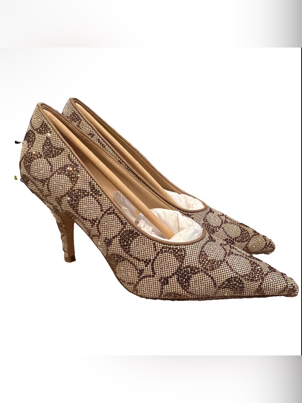Coach Daisy Crystal Signature Jacquard Pumps Tan Size 7 B NEW TRIED ON